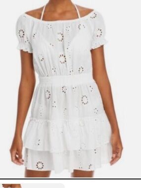 Aqua White Eyelet Off-Shoulder Tiered Mini Dress
